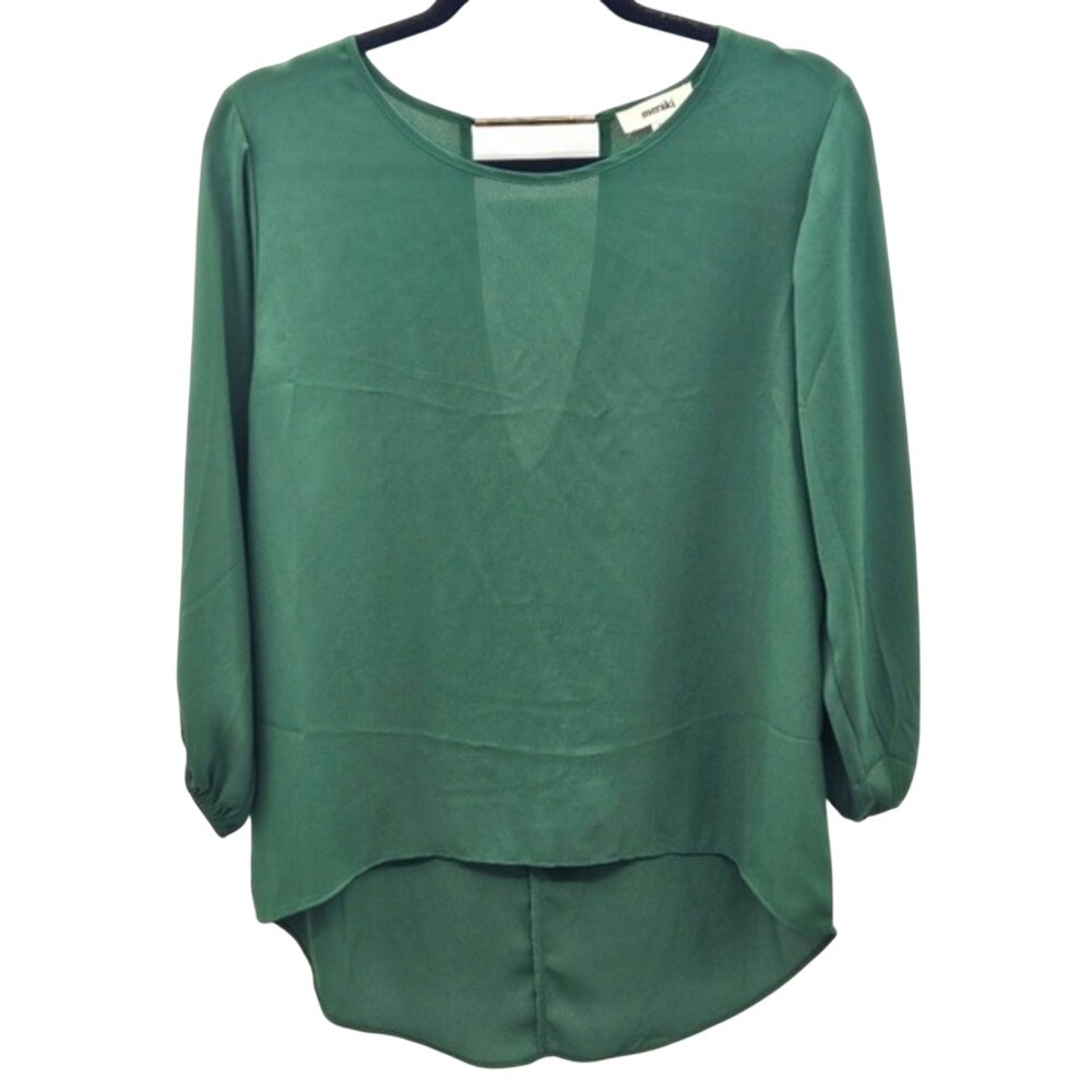 Meraki Green Open Back Blouse Gold Bar High‎ Low Hem Long Sleeve Top Medium